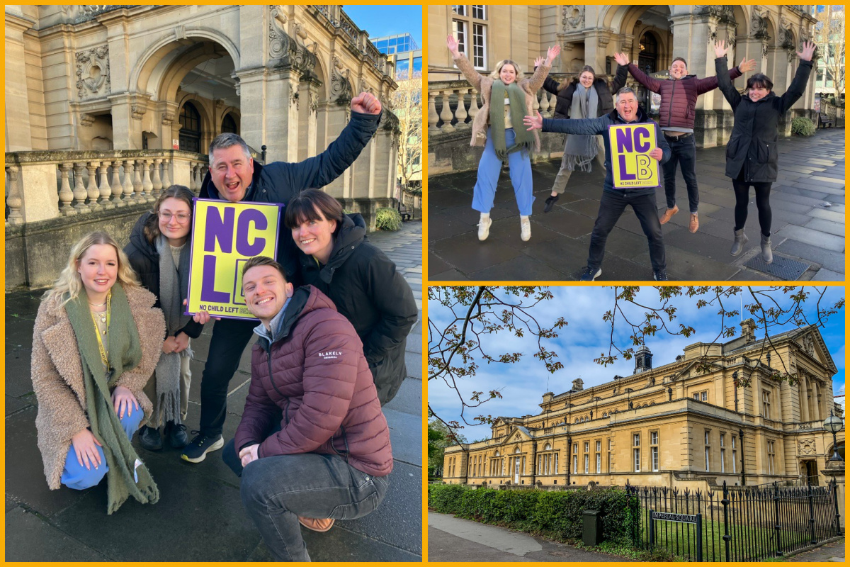 Collage of No Child Left Behind team and Cheltenham Town Hall.